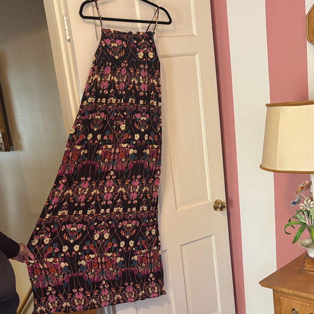 Anthropologie Black Maxi Skirt with Pink & Gold Floral Print